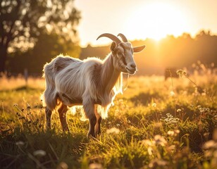 Fototapeta premium Goat Standing in Sun Drenched Meadow with Backlit Grass and Trees at Sunset