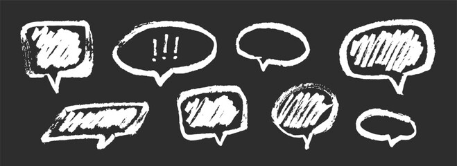 White speech bubbles vector set on black background. Rough hand drawn marker or chalk doodles, comic talk balloons, message clouds with scribbles. Crayon texture illustration