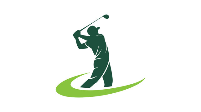 Dynamic golfer silhouette swinging club green swirl motion sport logo graphic