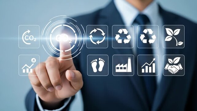 Carbon Footprint Reduction: Businessman Touching CO2 Icon with Sustainability, Recycling, and Green Energy Concepts on Digital Interface