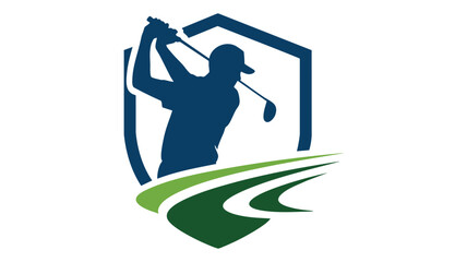 Dynamic golf emblem featuring silhouette of golfer mid-swing and green fairway stripes