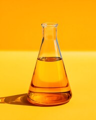 Erlenmeyer flask vibrant orange liquid yellow background scientific laboratory research