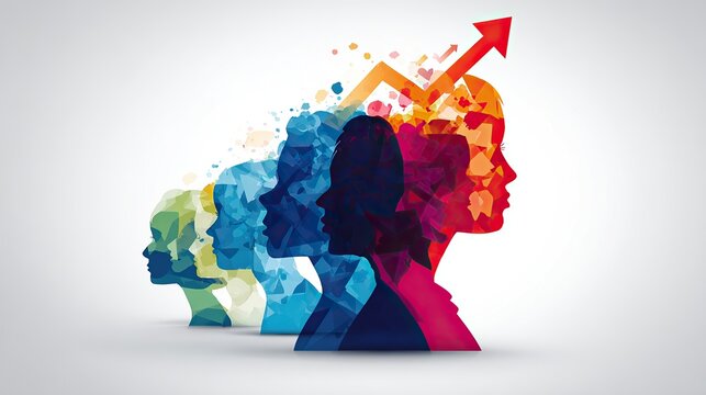 Abstract colorful silhouettes of people's profiles aligned with an upward arrow