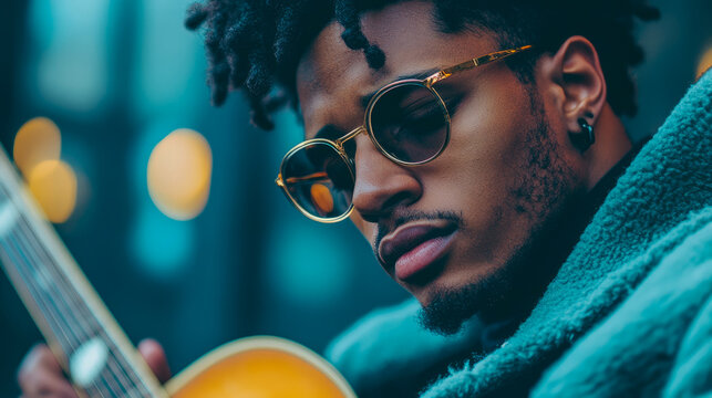 Intimate portrait of cool Black man in modern round sunglasses and textured teal jacket, passionately strumming his guitar with glowing bokeh in background