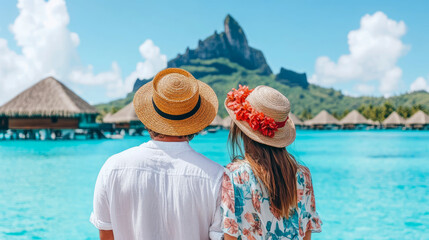 Fototapeta premium Couple in straw hats looking out at stunning tropical paradise with overwater bungalows, turquoise lagoon, and majestic mountain peaks under clear blue sky.