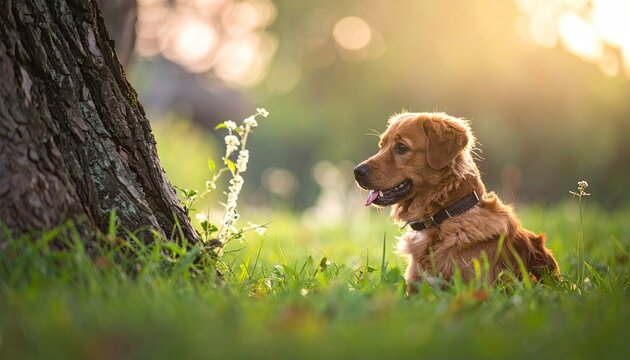 Golden Brown Dog Relaxing Near Large Tree in Sunlight on Green Grass in Forest
