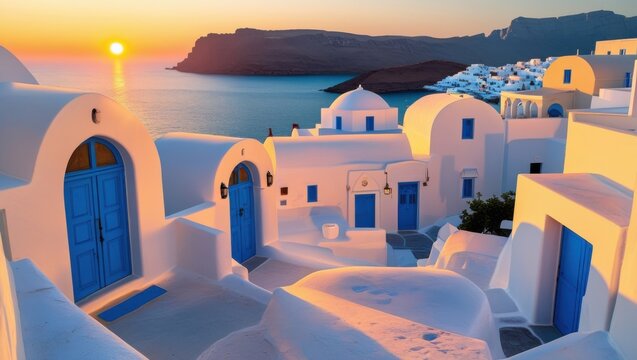 Santorini Greece Whitewashed Buildings at Sunset Aegean Sea Island Village