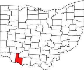 Detailed vector map of Ohio highlighting Brown County, a rural southwestern territory bordering Kentucky and the Ohio River, historically significant for the Underground Railroad.

