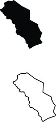 A pair of simplified map shapes displays a long, slender landmass in both solid black and outlined form