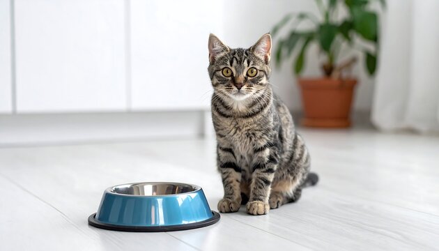 A tabby cat sits patiently by an empty blue bowl on a wood floor