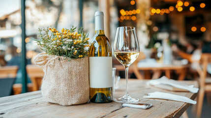 Elegant white wine bottle and glass with rustic floral centerpiece on wooden table, set against warm, blurred restaurant background with bokeh lights, creating inviting dining atmosphere
