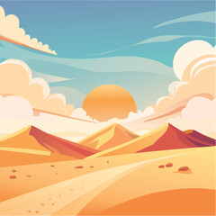 Desert landscape with setting sun and rolling dunes