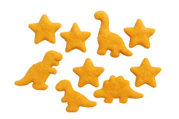 Fototapeta premium Yellow chicken nuggets in various dinosaur and star shapes, offering a playful meal for children. Top view, transparent background
