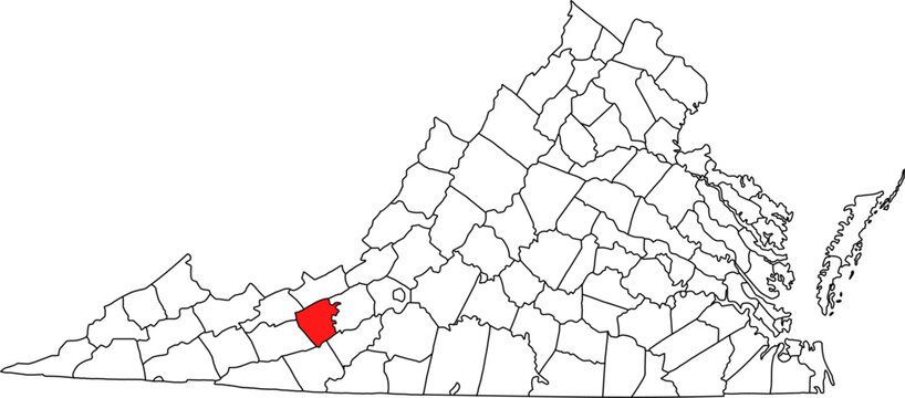 Detailed vector map of Virginia highlighting Pulaski County, a southwestern territory located in the New River Valley, known for Claytor Lake and major transportation routes.

