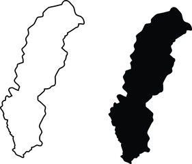A prominent black silhouette and slender outline map of a long, narrow, and wavy geographical strip