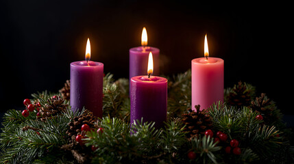 Advent wreath with four candles, three purple and one pink, surrounded by evergreen branches, pinecones, and berries, candlelight glowing warmly in a dark background, high-res