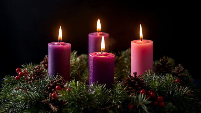 Advent wreath with four candles, three purple and one pink, surrounded by evergreen branches, pinecones, and berries, candlelight glowing warmly in a dark background, high-res