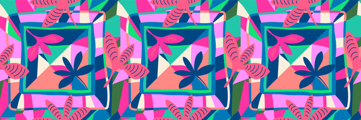 Vibrant geometric modern abstract tropical floral seamless pattern with creative collage colorful shapes. Dopamine style colors and decorative background design