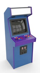 Blue arcade cabinet with purple trim isolated on a white background, retro arcade game