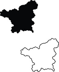 Presented here are two identical irregular landmass outlines, one filled in black and the other as a clear border