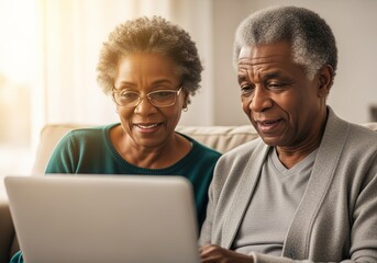 Elderly African American couple using laptop at home