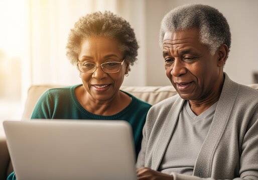 Elderly African American couple using laptop at home