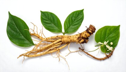 Fresh ginseng root with leaves and flower