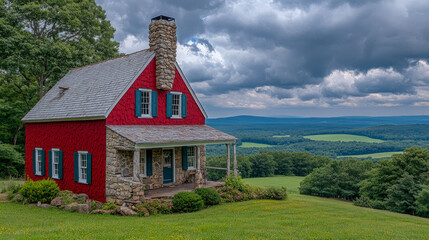 Vibrant red farmhouse with stone chimney and teal shutters perched on lush green hill overlooking expansive valley under dramatic cloudy sky