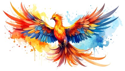 Obraz premium A vibrant bird with outstretched wings, painted with watercolor splatters