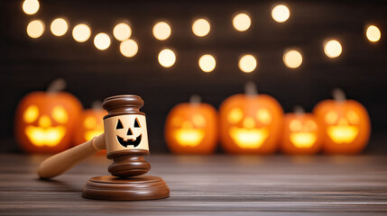 Wooden gavel with carved jack o lantern face on courtroom hammer beside lit carved pumpkin decorations and string lights creating festive Halloween legal concept mood