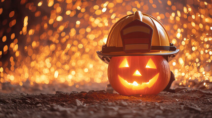 Jack o lantern with carved smile wearing firefighter helmet glowing on gravel with warm bokeh light and festive Halloween atmosphere