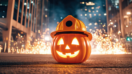Jack o lantern with carved face wearing safety helmet lit from within on urban street at night with festive sparks and bokeh lights creating energetic atmosphere