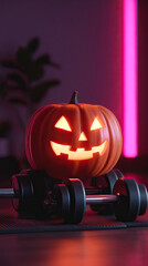 Jack o lantern with glowing face on dumbbell and weight set in neon home gym creating spooky festive workout mood