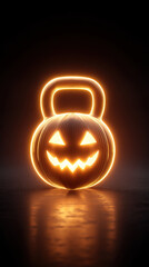 Glowing jack o lantern kettlebell with carved face and warm orange light reflecting on dark floor, moody Halloween fitness concept with spooky atmosphere and neon outline