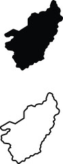 Demonstrates a distinct black silhouette map and an identical outline of a specific geographical area on white