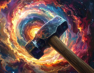 Hammer against space nebula with vivid cosmic colors