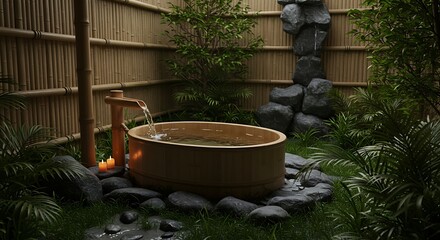 Wooden Bathtub in Zen Garden with Waterfall and Green Plants