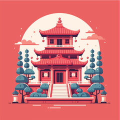 Oriental Temple with Moon Phases A Red and Black Illustration