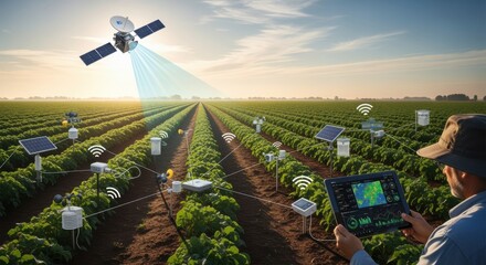 Integrated pest monitoring setup combining satellite data and ground sensors for comprehensive crop health assessment and pest infestation prevention.