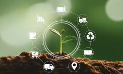 Fototapeta premium Eco-friendly Logistics: A small plant sprouts from the earth surrounded by environmental friendly shipping icons