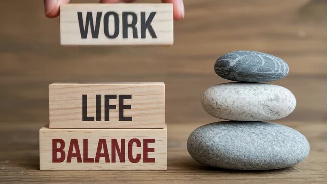 Work-Life Balance Concept: A hand carefully balances wooden blocks spelling WORK, LIFE, and BALANCE alongside a carefully stacked cairn of smooth stones, symbolizing harmony.