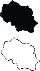 A solid black silhouette depicting a rounded geographical area is paired with its corresponding crisp outline on a bright white field