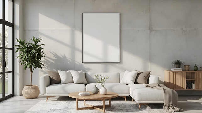 Vertical Wall Frame Mockup in Modern Cozy Living Room | Minimalist Natural Light Poster Mockup Interior