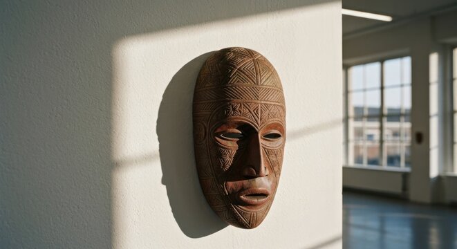 Carved wooden mask hangs on a white wall, bathed in sunlight from nearby windows - Powered by Adobe