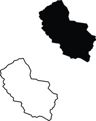 Two monochrome depictions, a solid and an outlined version, illustrate a distinctive pear shaped geographical region