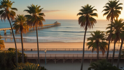 Serene Beach Scene with Palm Trees and Pier at Sunset in California Coastline