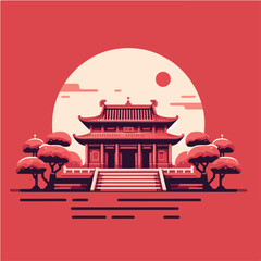 Japanese Temple at Sunset A Serene Crimson Illustration