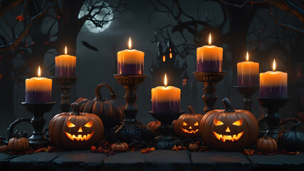 Halloween. Mushrooms and pumpkins with a castle and forest in the background	