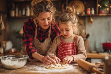 A woman and a young girl enjoy quality time in a warm kitchen, baking cookies. The child carefully helps shape the dough while surrounded by baking ingredients