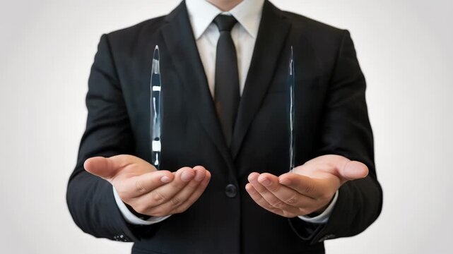 Business professional presentation: A business professional, impeccably dressed in a formal suit, presents a sleek, modern display of technology within their outstretched hands.